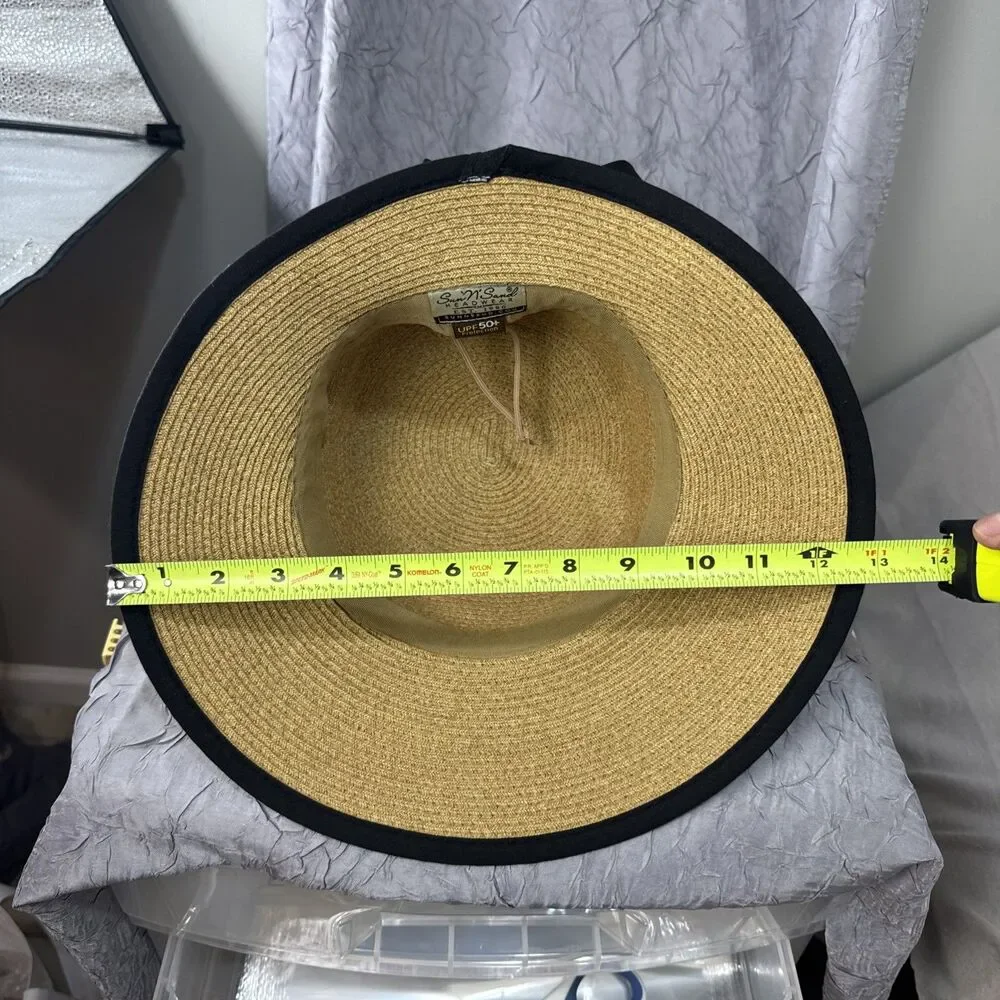 Sun N Sand UPF 50+‎ Beige Straw Hat W/black Trim Fabric Bow Women Adjustable